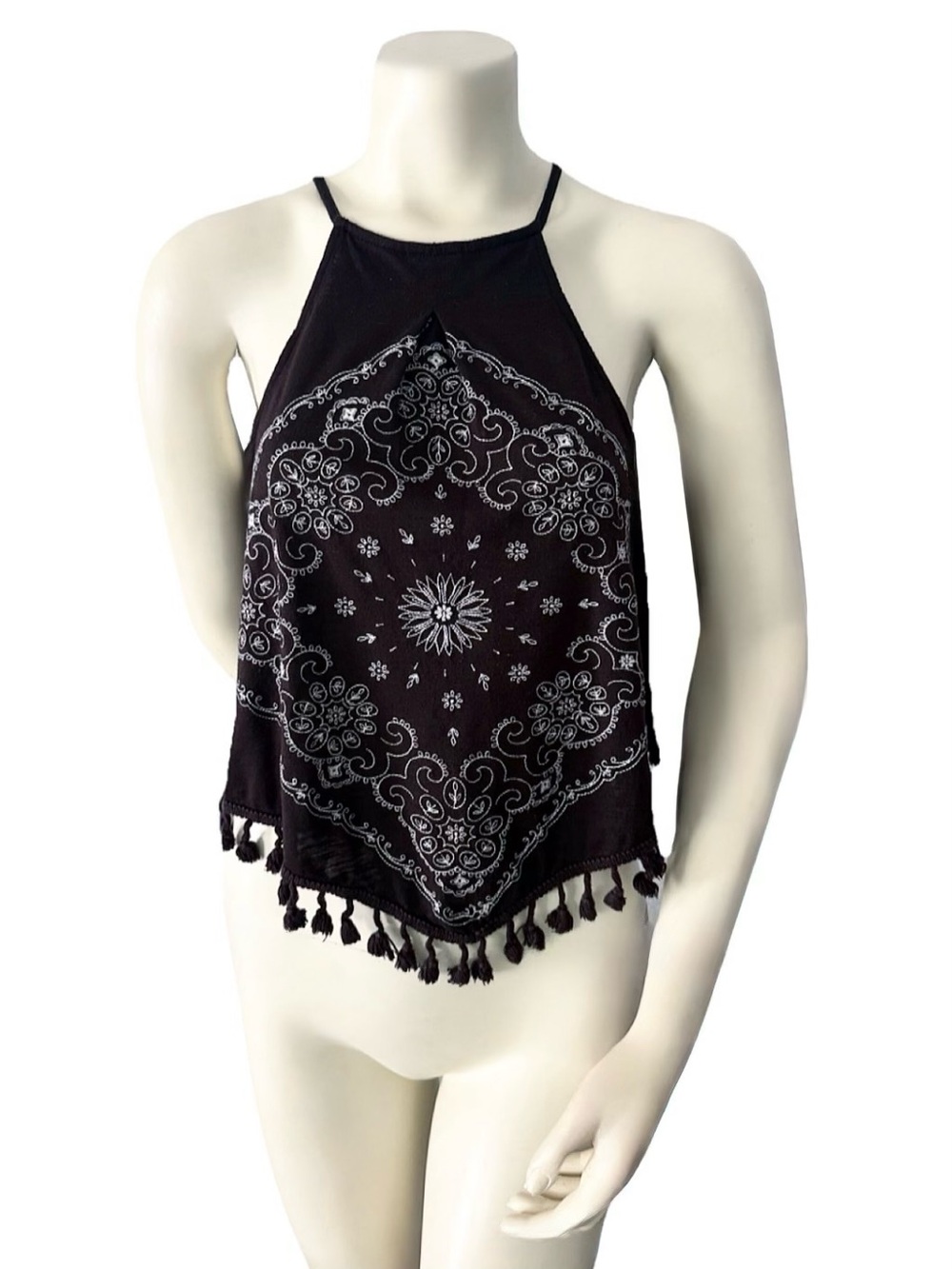 Altar’d State Embroidered Tassel Halter Tank Top Boho Black Medium